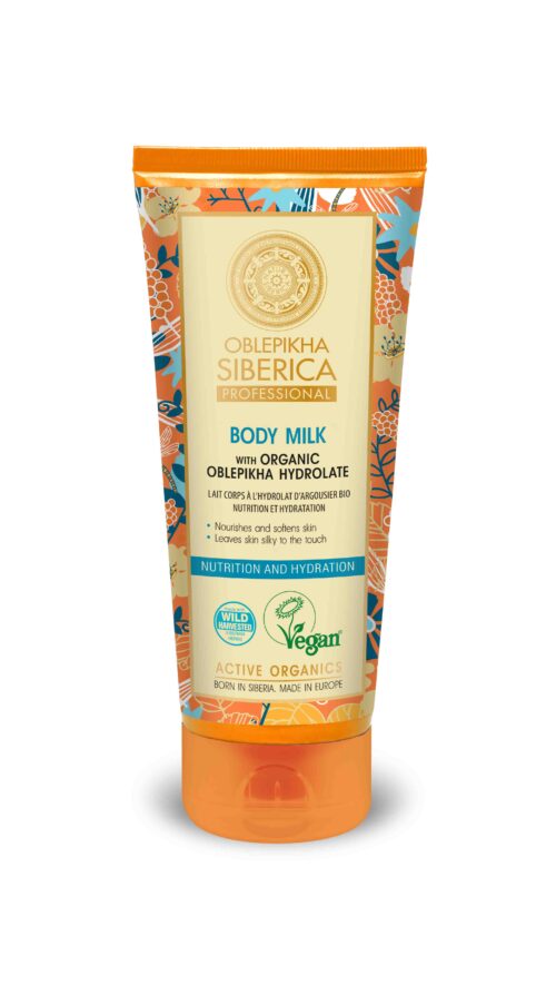 Leche corporal Natura Siberica con hidrolato de espino amarillo 200 ml línea Oblepikha