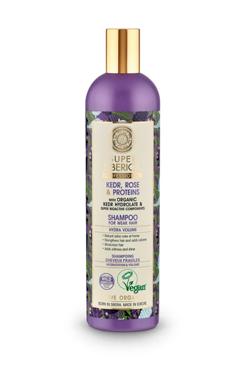 Champú cabello débil Natura Siberica con pino, rosa y proteínas 400ml — fortalece e hidrata desde la raíz