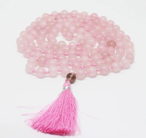 Mala de cuarzo rosa 108 cuentas con cuentas pulidas en tono rosado claro