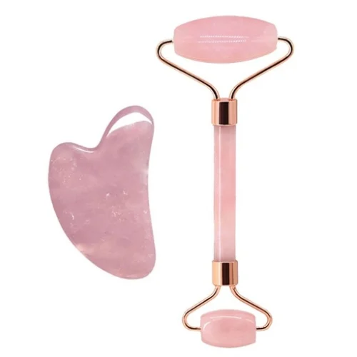 Piedra Sol: propiedades, significado y usos 13 Rodillo de cuarzo rosa facial con gua sha incluida en caja de presentación natural