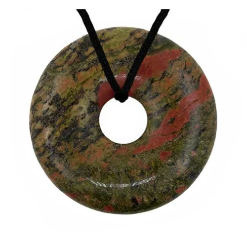 Colgante donut unakita: piedra natural rosa y verde para equilibrio y energía (125 chars)