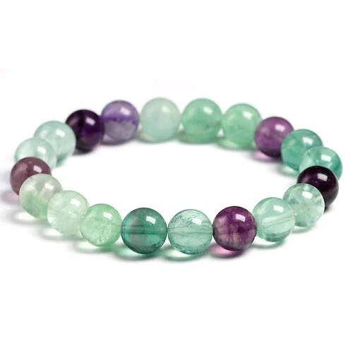 Pulsera fluorita 10mm de mineral natural con cuentas elásticas verdes y moradas