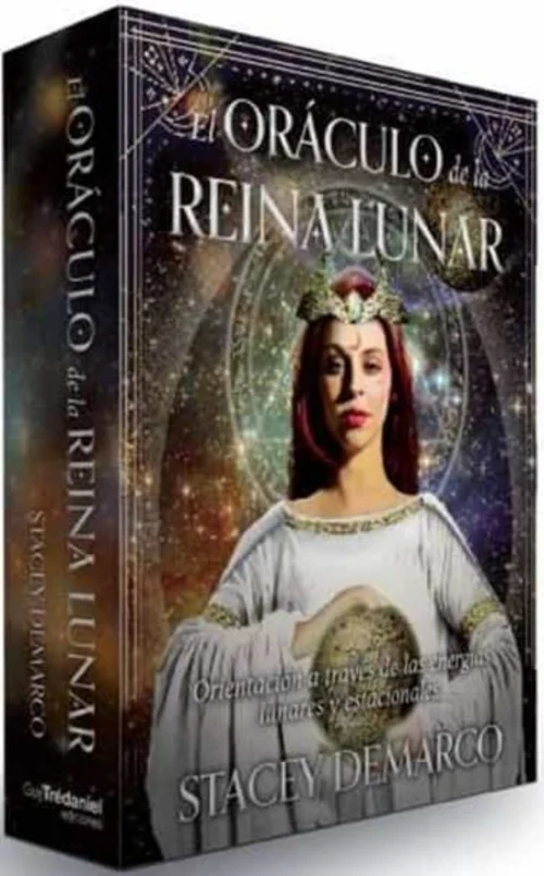 Oráculo de la Reina Lunar cartas guía espiritual con cubierta decorativa dorada y símbolos lunares