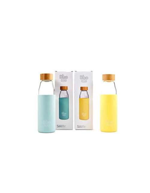 Botella de cristal con funda de silicona amarilla y tapón de bambú 500ml, reutilizable y ecológica