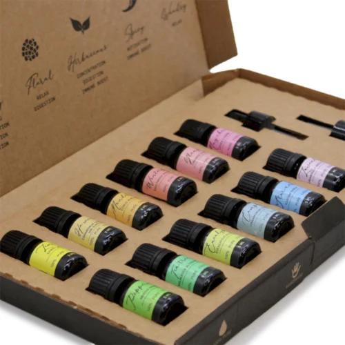 Set de 12 aceites esenciales orgánicos para aromaterapia en botellas de vidrio