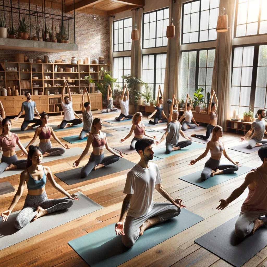 DALL·E 2023 10 23 15.19.11 Photo of a diverse group of people practicing yoga in a well lit studio with wooden floors and large windows