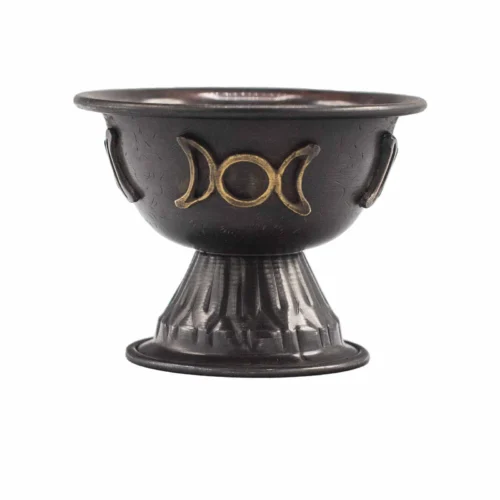 Cáliz ritual de cobre antiguo triple luna para incienso en resina ceremonial