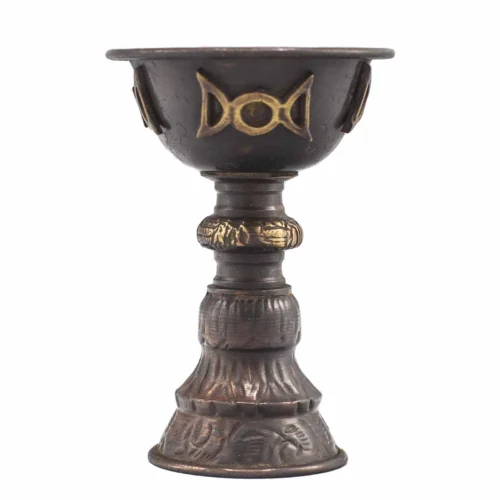 Copa ritual de cobre antiguo con triple luna para inciensos y decoración espiritual