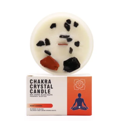 Vela de soja chakra raíz con jaspe rojo y ágata negra natural decorativa