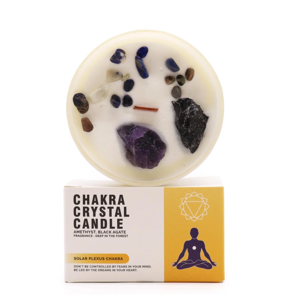 Vela de soja con cristales de amatista y ágata negra para chakra plexo solar