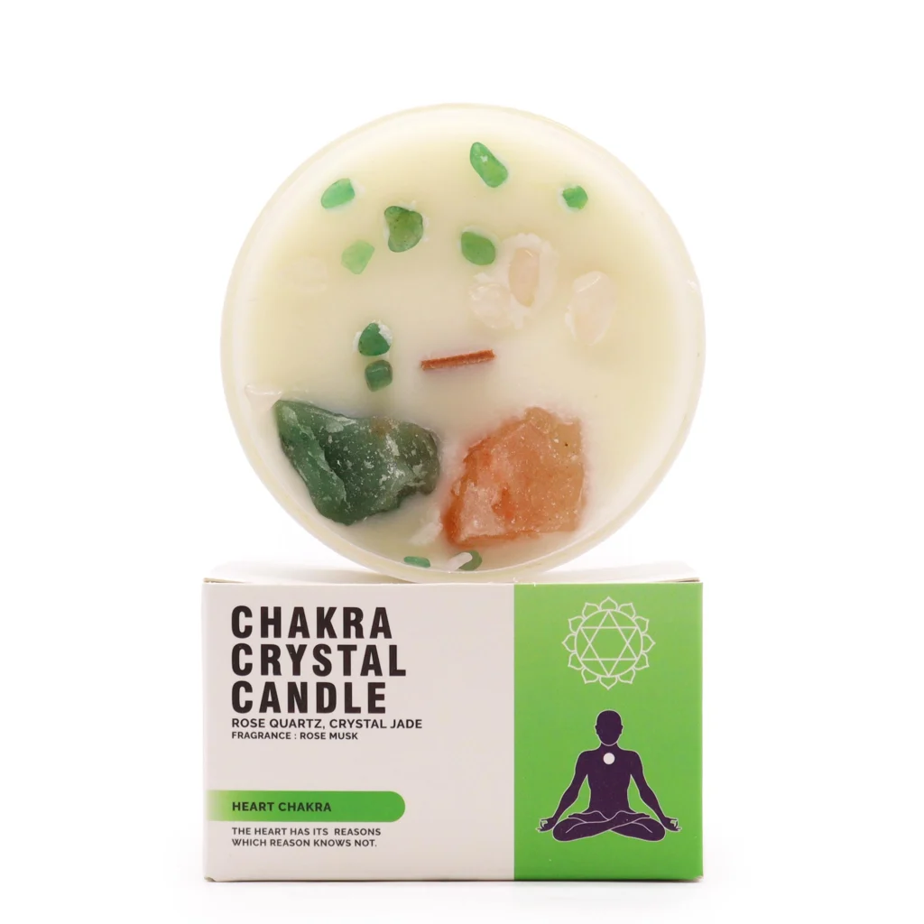 Vela de soja con jade y cuarzo rosa para chakra corazón cosmética orgánica