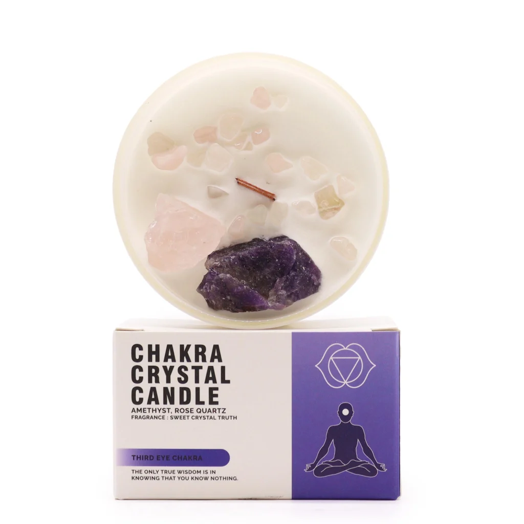 Vela de soja orgánica con amatista y cuarzo rosa para chakra tercer ojo