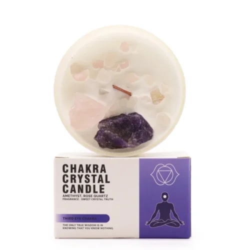 Vela de soja orgánica con amatista y cuarzo rosa para chakra tercer ojo