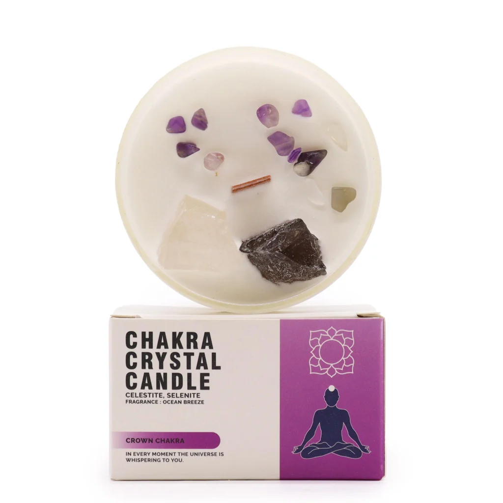 Vela de soja con amatista y cuarzo transparente Chakra Corona en recipiente de cristal