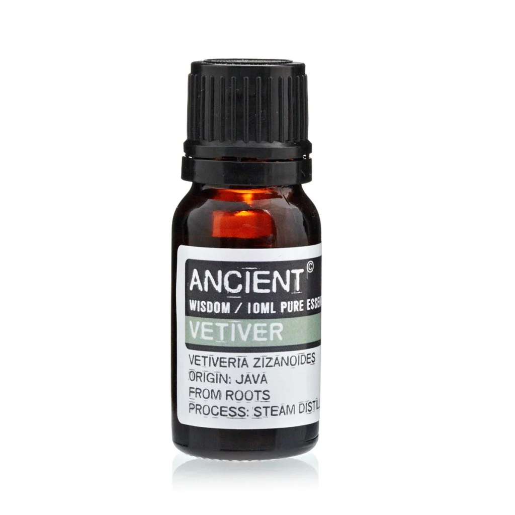 Aceite esencial vetiver Anscient Wisdom puro, destilación al vapor, aroma terroso calmante