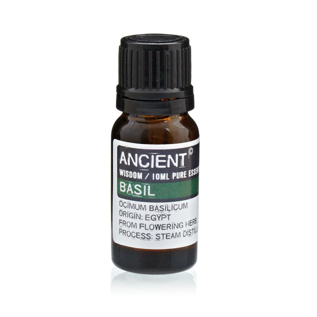 Abedul Blanco 6 Aceite esencial albahaca Anscient Wisdom destilado al vapor, color amarillo verdoso en frasco ámbar