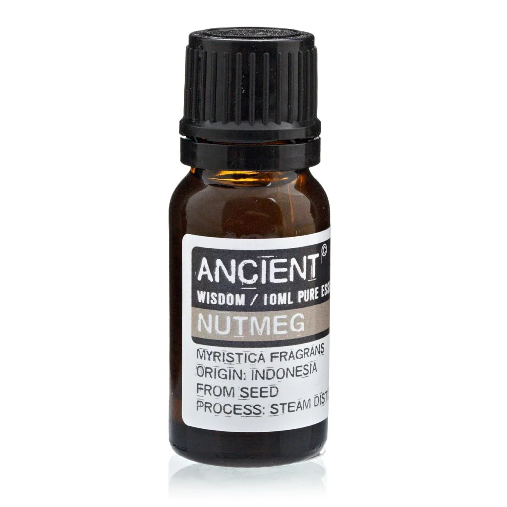 Aceite esencial nuez moscada Anscient Wisdom en botella de cristal oscuro, destilado al vapor