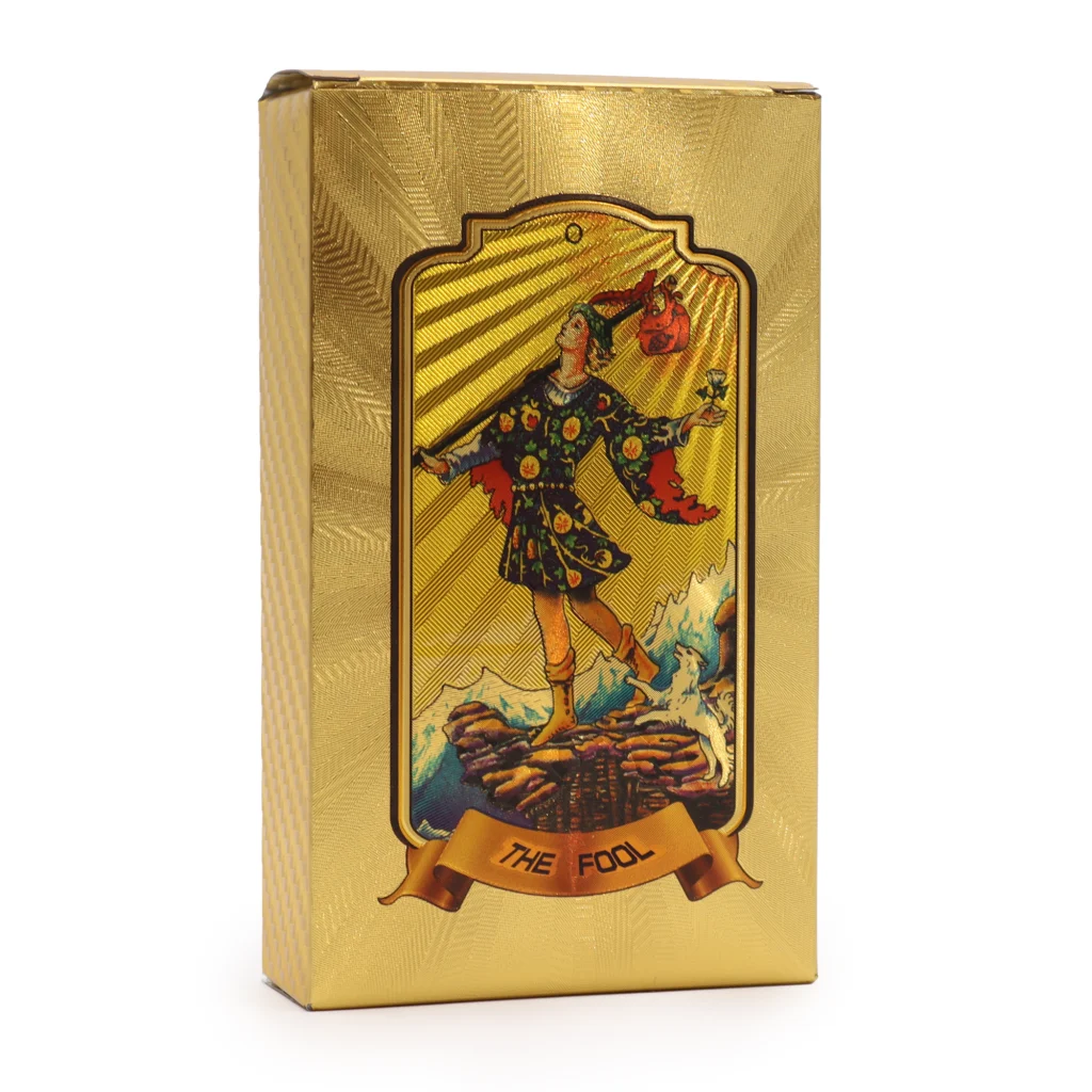 Tarot en lámina de oro con cartas doradas para adivinación y práctica espiritual