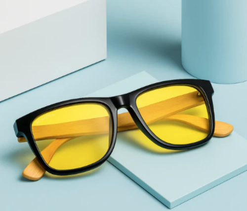 Gafas lentes amarillas luz azul protección diurna fabricadas en Italia con estuche de madera