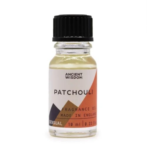 Fragancia Pachuli 10ml de Anscient Wisdom en frasco, aroma terroso para rituales y aromaterapia