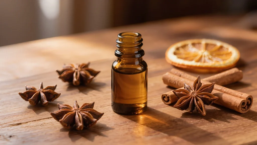Aceite esencial de anis estrellado: propiedades y usos 1 Estrellas de anis (Illicium verum) y frasco de aceite esencial sobre una mesa de madera