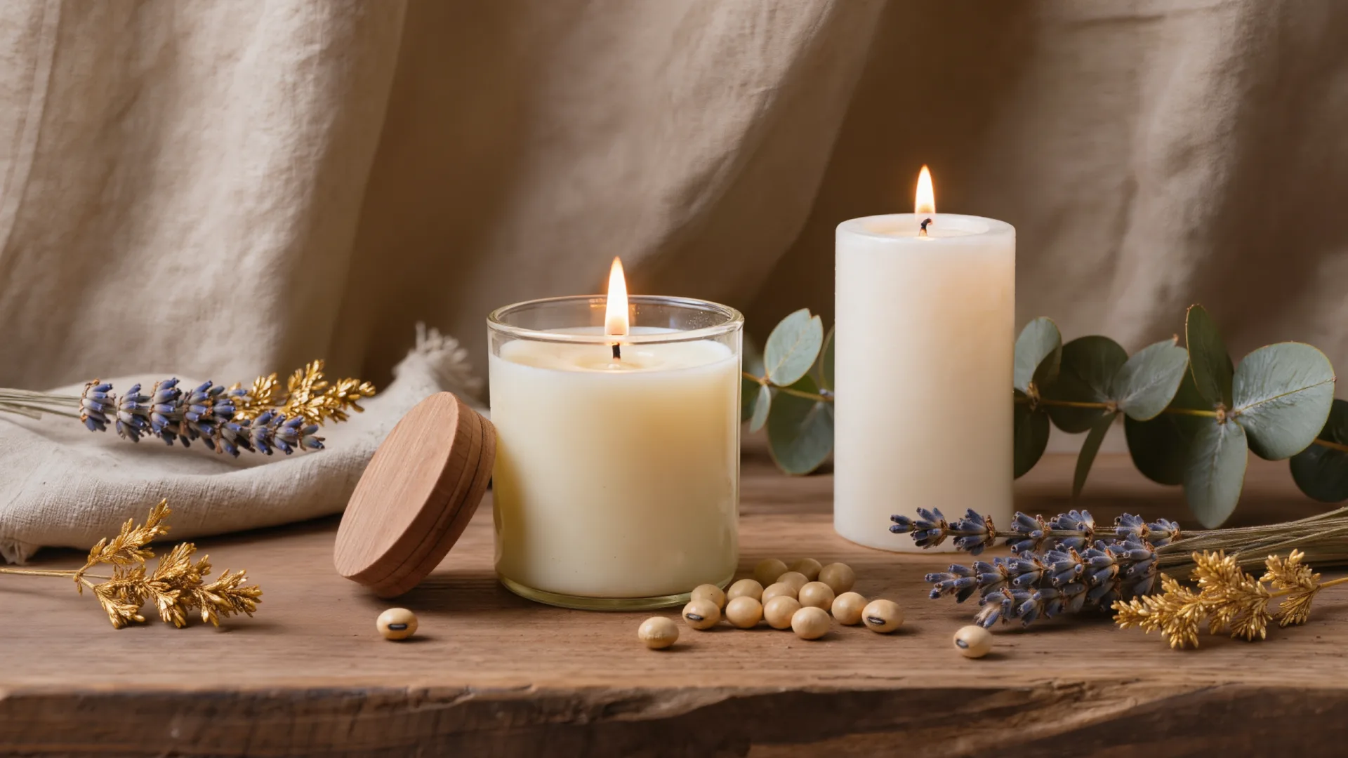 Velas para meditación y rituales: guía de uso 1 Vela de cera de soja encendida junto a una vela de parafina, bodegón cálido y natural