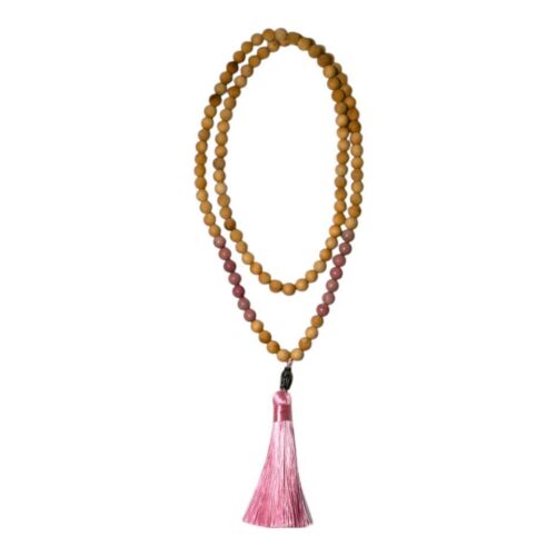Mala de rodocrosita con fleco rosa de madera y piedra natural