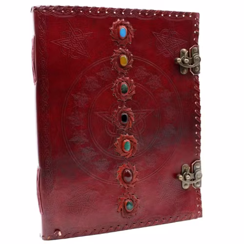 Cuaderno 7 chakras cuero grande hecho a mano con 200 páginas y piedras decorativas