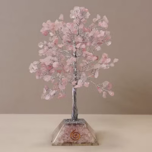 Árbol de cuarzo rosa con orgonita de 320 piedras y base de orgonita, 9x9x19 cm