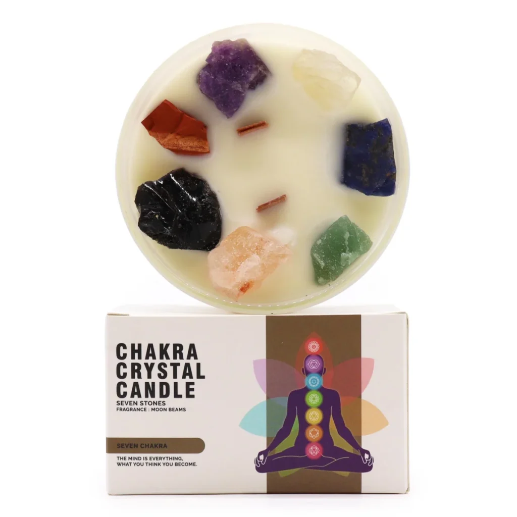Vela cristal siete chakras AW con piedras naturales y cera de soja