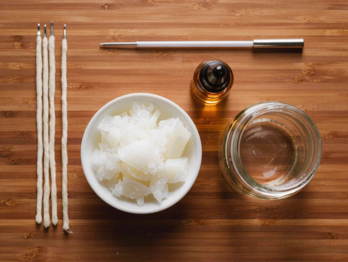 Ingredientes para hacer velas de soja: escamas de cera, mechas de algodón, tarro y termómetro