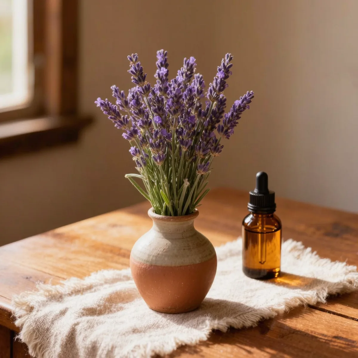 Ramo de lavanda junto a un frasco ámbar de aceite esencial