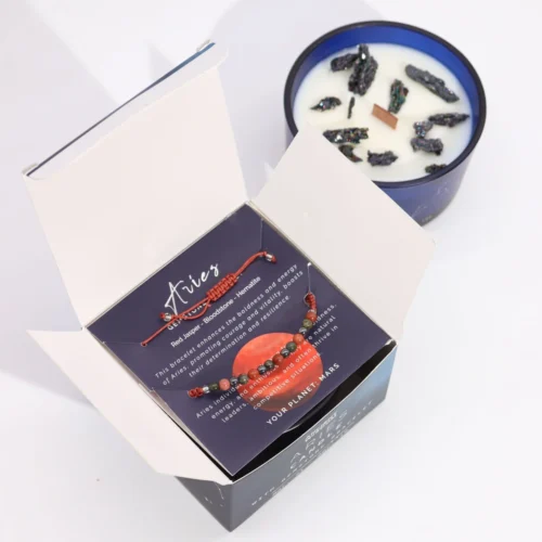 Vela zodiaco Aries con pulsera de jaspe rojo, heliotropo y hematita